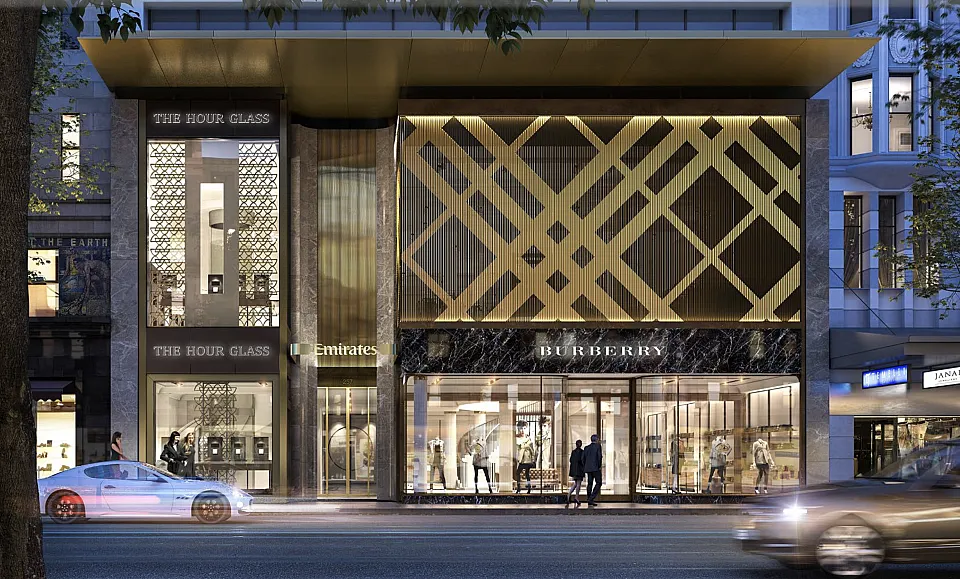 257 Collins Street (Emirates House), Melbourne — Collins Street frontage at dusk