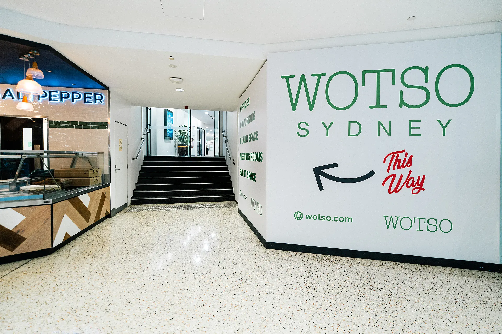 Ground floor entry at 222 Pitt Street with the stairs up to WOTSO on Level 1